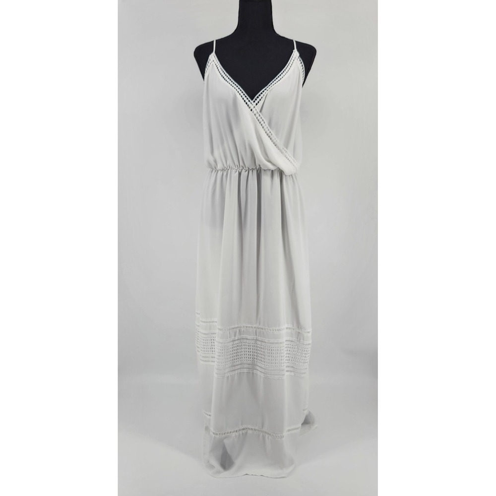Mango MNG White Crochet Lace Trim Maxi Dress Surplice V-Neck Boho Summer Size 8